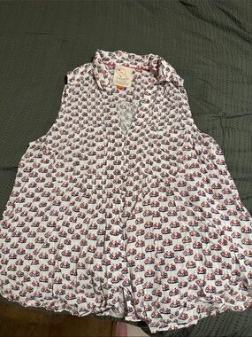 Anthropologie White Blouse with Red & Navy Bicycle Print